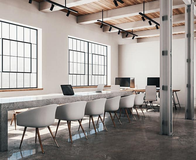 Elegant modern office ceiling design with stylish lighting and exposed wooden beams.