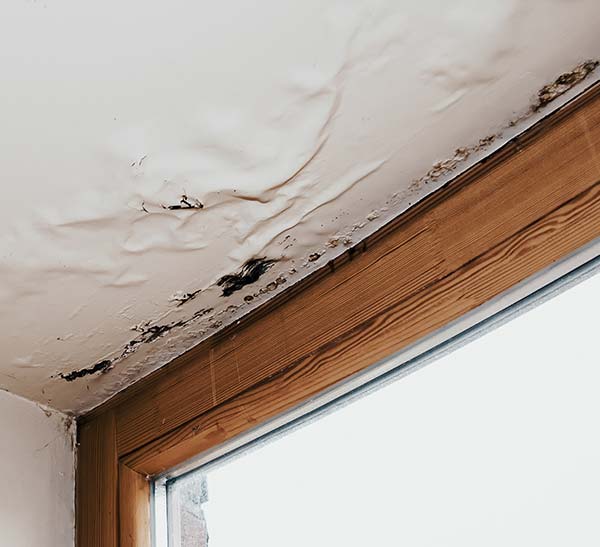 Damaged ceiling with water stains and peeling paint in a room.